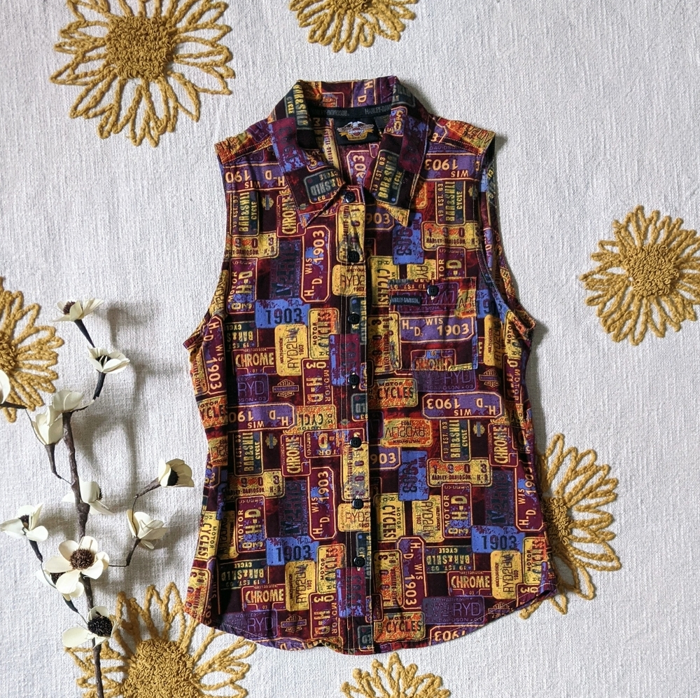 Authentic 00's Harley Davidson Print Blouse Medium